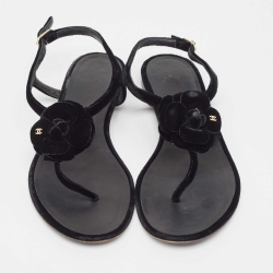 Pre Owned Chanel Black Velvet Camellia Thong Flats Size 38