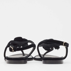 Pre Owned Chanel Black Velvet Camellia Thong Flats Size 38
