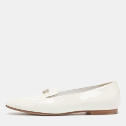 Pre Owned Chanel Off White Patent Leather CC Crystals Smoking Loafers Size 39