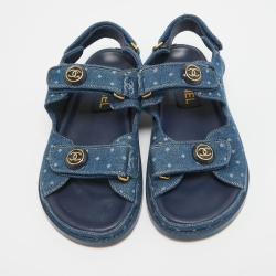 Pre Owned Chanel Blue Denim Dad Interlocking Slingback Sandals Size 36