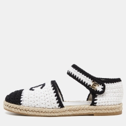 Pre Owned Chanel White/Black Crochet Cotton Blend Ankle Strap Espadrilles Size 40