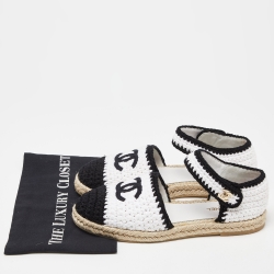 Pre Owned Chanel White/Black Crochet Cotton Blend Ankle Strap Espadrilles Size 40