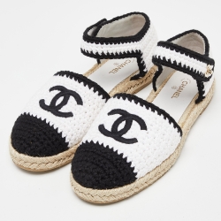 Pre Owned Chanel White/Black Crochet Cotton Blend Ankle Strap Espadrilles Size 40