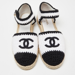 Pre Owned Chanel White/Black Crochet Cotton Blend Ankle Strap Espadrilles Size 40