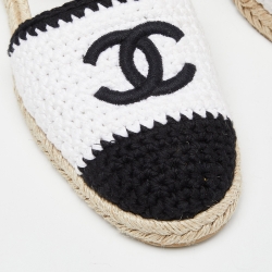Pre Owned Chanel White/Black Crochet Cotton Blend Ankle Strap Espadrilles Size 40