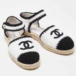 Pre Owned Chanel White/Black Crochet Cotton Blend Ankle Strap Espadrilles Size 40