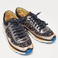 Pre Owned Chanel Multicolor Leather and Tweed CC Low Top Sneakers Size 41
