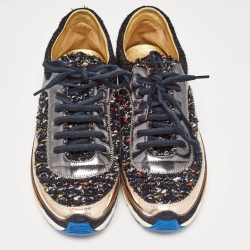 Pre Owned Chanel Multicolor Leather and Tweed CC Low Top Sneakers Size 41