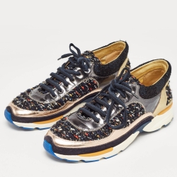 Pre Owned Chanel Multicolor Leather and Tweed CC Low Top Sneakers Size 41