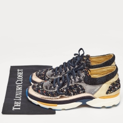 Pre Owned Chanel Multicolor Leather and Tweed CC Low Top Sneakers Size 41