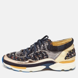 Pre Owned Chanel Multicolor Leather and Tweed CC Low Top Sneakers Size 41