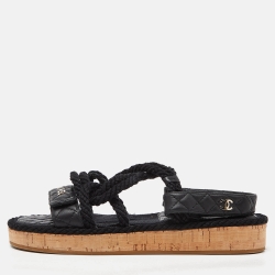 Chanel Black Rope and Leather Dad Sandals Size 40