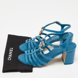 Chanel Blue Patent Leather CC Block Heel Strappy Sandals Size 37
