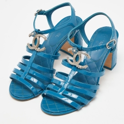 Chanel Blue Patent Leather CC Block Heel Strappy Sandals Size 37