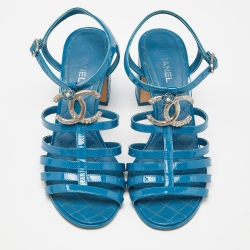 Chanel Blue Patent Leather CC Block Heel Strappy Sandals Size 37