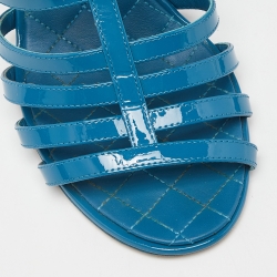 Chanel Blue Patent Leather CC Block Heel Strappy Sandals Size 37