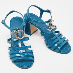 Chanel Blue Patent Leather CC Block Heel Strappy Sandals Size 37