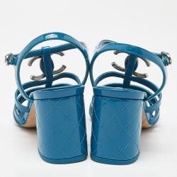 Chanel Blue Patent Leather CC Block Heel Strappy Sandals Size 37