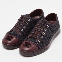 Pre Owned Chanel Burgundy Tweed and Leather CC Cap Toe Low Top Sneakers Size 37.5