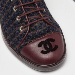 Pre Owned Chanel Burgundy Tweed and Leather CC Cap Toe Low Top Sneakers Size 37.5