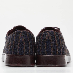 Pre Owned Chanel Burgundy Tweed and Leather CC Cap Toe Low Top Sneakers Size 37.5