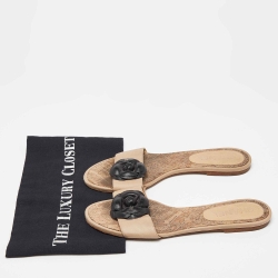 Pre Owned Chanel Beige/Black Leather CC Camellia Flat Slides Size 38.5