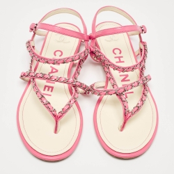 Pre Owned Chanel Pink Leather Slingback Sandals Size 40