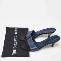 Pre Owned Chanel Blue Leather Bow CC Slide Sandals Size 37.5