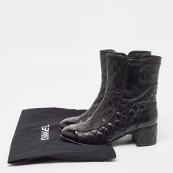 Pre Owned Chanel Black Quilted Leather and Patent Cap Toe CC Ankle Booties Size 38.5