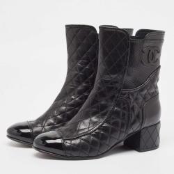 Pre Owned Chanel Black Quilted Leather and Patent Cap Toe CC Ankle Booties Size 38.5