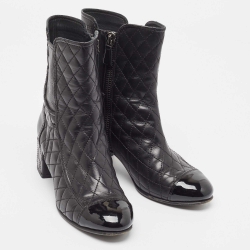 Pre Owned Chanel Black Quilted Leather and Patent Cap Toe CC Ankle Booties Size 38.5