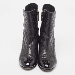Pre Owned Chanel Black Quilted Leather and Patent Cap Toe CC Ankle Booties Size 38.5