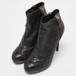 Chanel Black Quilted Leather Zip Ankle Booties Size 38.5