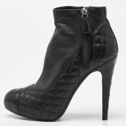 Chanel Black Quilted Leather Zip Ankle Booties Size 38.5