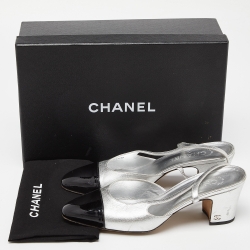 Pre Owned Chanel Silver/Black Leather and Patent Cap Toe CC D'osray Slingback Sandals Size 39