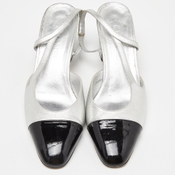 Pre Owned Chanel Silver/Black Leather and Patent Cap Toe CC D'osray Slingback Sandals Size 39