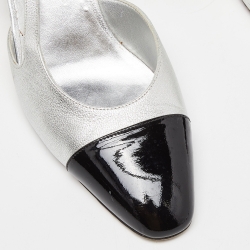 Pre Owned Chanel Silver/Black Leather and Patent Cap Toe CC D'osray Slingback Sandals Size 39