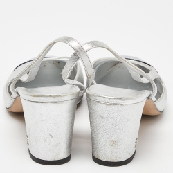 Pre Owned Chanel Silver/Black Leather and Patent Cap Toe CC D'osray Slingback Sandals Size 39