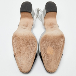 Pre Owned Chanel Silver/Black Leather and Patent Cap Toe CC D'osray Slingback Sandals Size 39