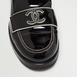 Pre Owned Chanel Black Patent Leather CC Slip On Loafers Size 38.5