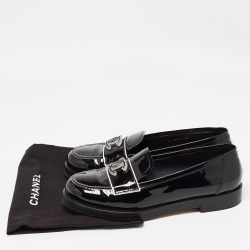 Pre Owned Chanel Black Patent Leather CC Slip On Loafers Size 38.5