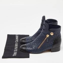 Pre Owned Chanel Blue/Black Quilted Leather Pearl Embellished Ankle Booties Size 38