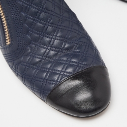 Pre Owned Chanel Blue/Black Quilted Leather Pearl Embellished Ankle Booties Size 38