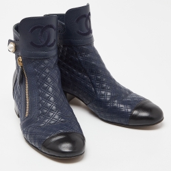 Pre Owned Chanel Blue/Black Quilted Leather Pearl Embellished Ankle Booties Size 38