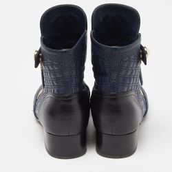 Pre Owned Chanel Blue/Black Quilted Leather Pearl Embellished Ankle Booties Size 38