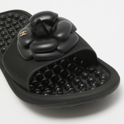 Pre Owned Chanel Black Textured Rubber CC Camellia Slides Size 41