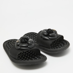 Pre Owned Chanel Black Textured Rubber CC Camellia Slides Size 41