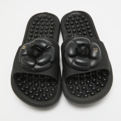 Pre Owned Chanel Black Textured Rubber CC Camellia Slides Size 41