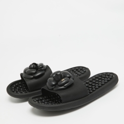 Pre Owned Chanel Black Textured Rubber CC Camellia Slides Size 41