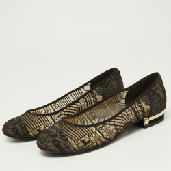 Pre Owned Chanel Black Lace and Suede Pearl Embellished CC Ballet Flats Size 38